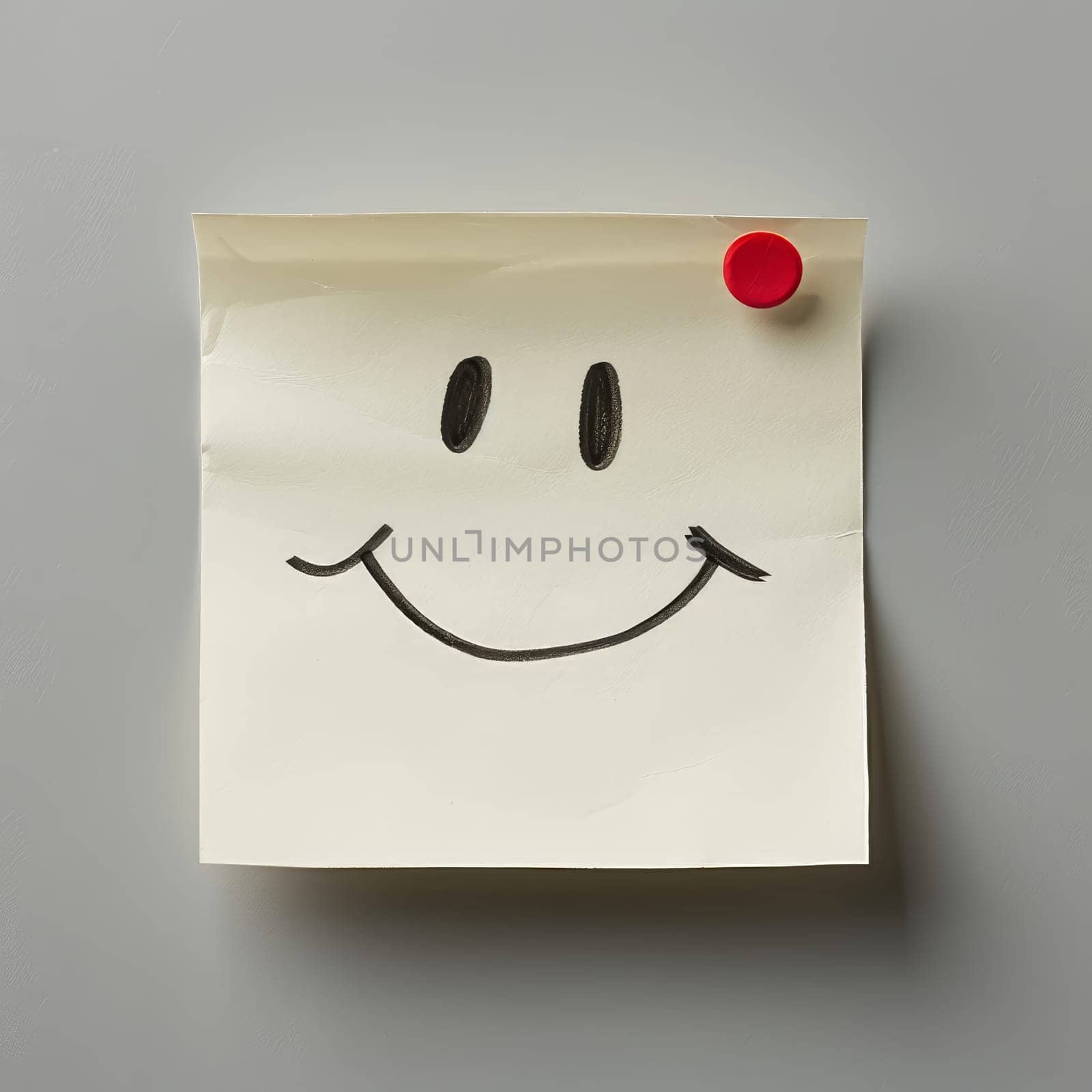 A simple sticky note features a hand-drawn smiley face, secured by a red pushpin, adding a playful touch to a gray background. This bright design evokes happiness and positivity.