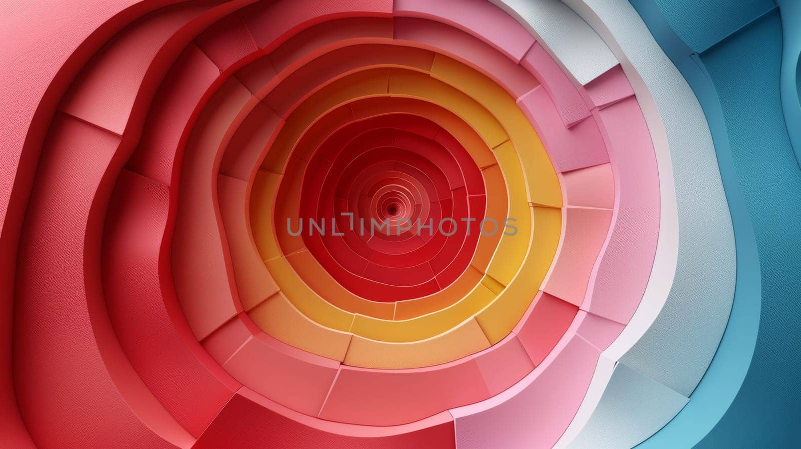 Intricate spiral formation featuring layered colors of red, pink, yellow, and blue creates a dynamic visual effect. The interplay of light and shadow enhances the depth of the textures.