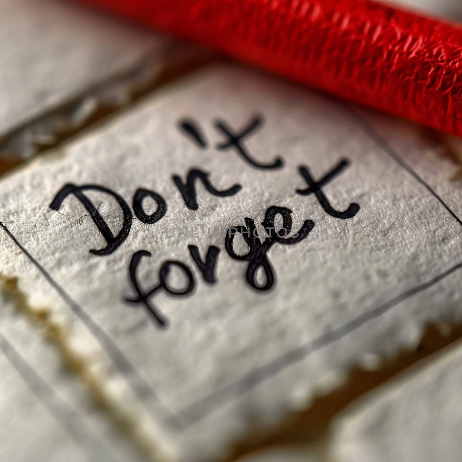 A close-up view of a handwritten note with the words Don't forget prominently displayed on textured paper, accompanied by a bright red string, emphasizing the importance of remembering tasks.