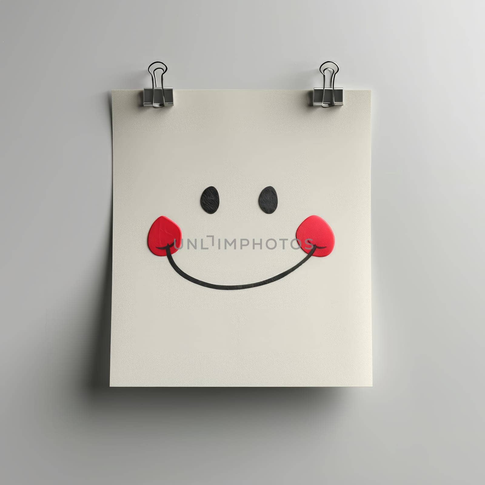 A cheerful smiley face is drawn on a sheet of paper, featuring round eyes and rosy cheeks. The paper is clipped to a light-colored wall, adding a touch of whimsy.