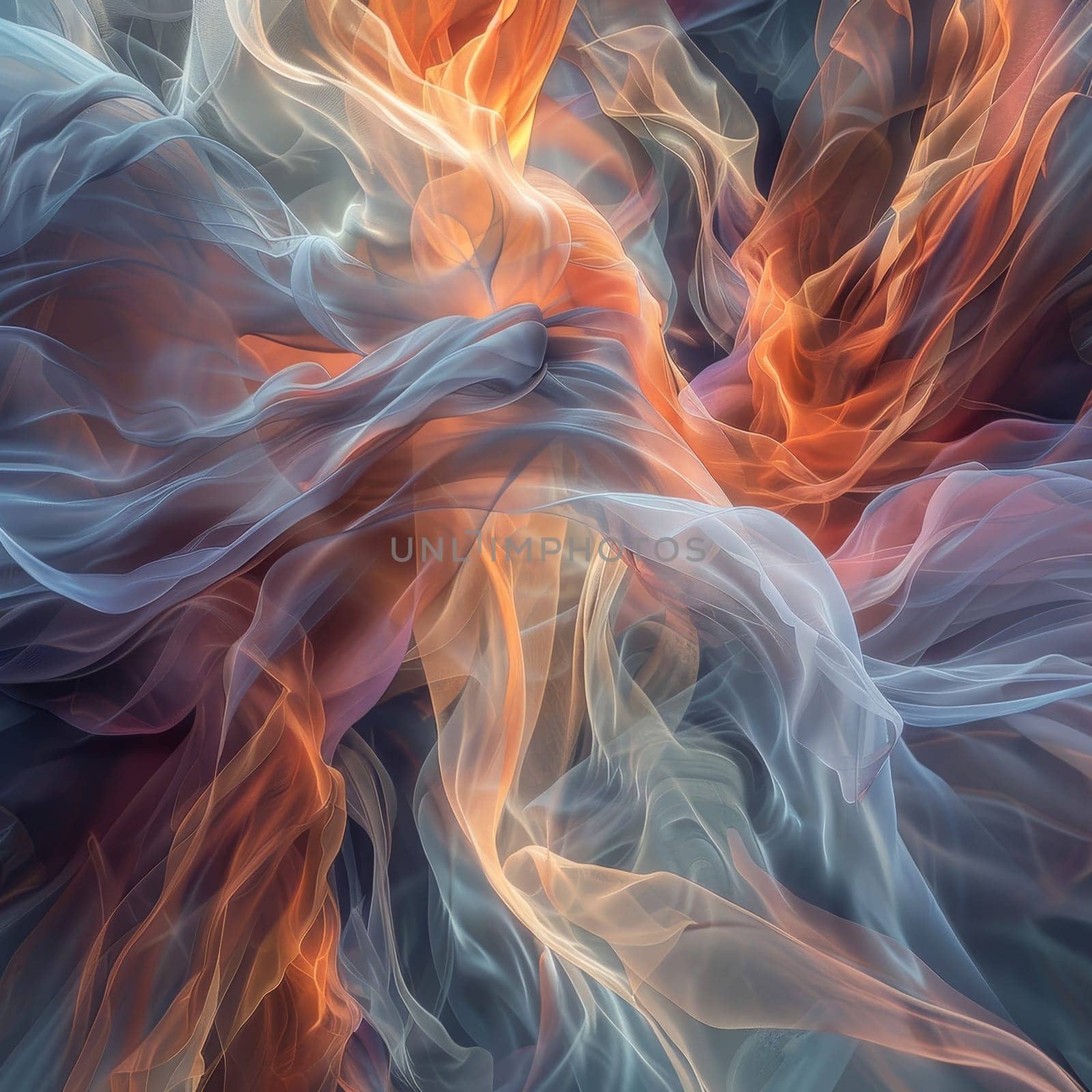Swirling forms in a blend of orange, blue, and white create a mesmerizing visual effect. The colors intertwine gracefully, evoking a sense of movement and fluidity in an abstract setting.