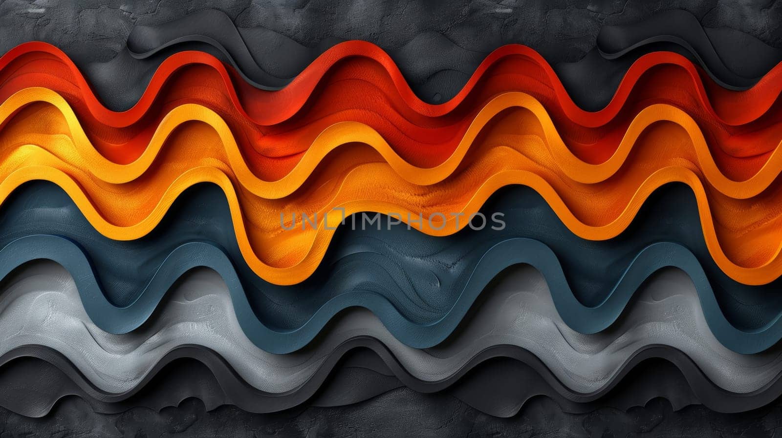 Vibrant wavy patterns in red, orange, and grey showcase a contemporary design element. The smooth curves and contrasting colors evoke a feeling of movement and energy.