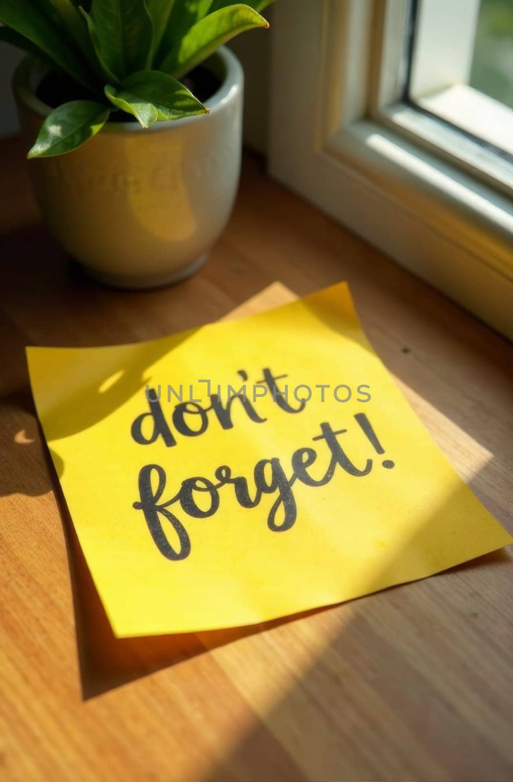 A bright yellow sticky note with the phrase don't forget is placed on a wooden surface next to a small green plant at a sunlit window, creating a cheerful and inviting atmosphere.