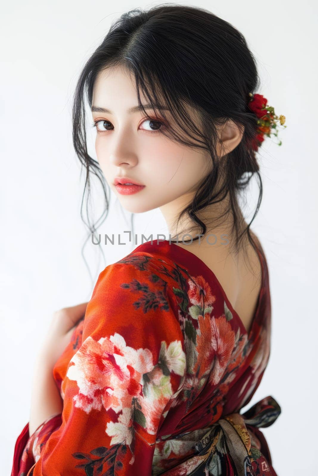 Studio portrait of a young beautiful Asian woman wearing red kimono dress with floral ornament on white background.