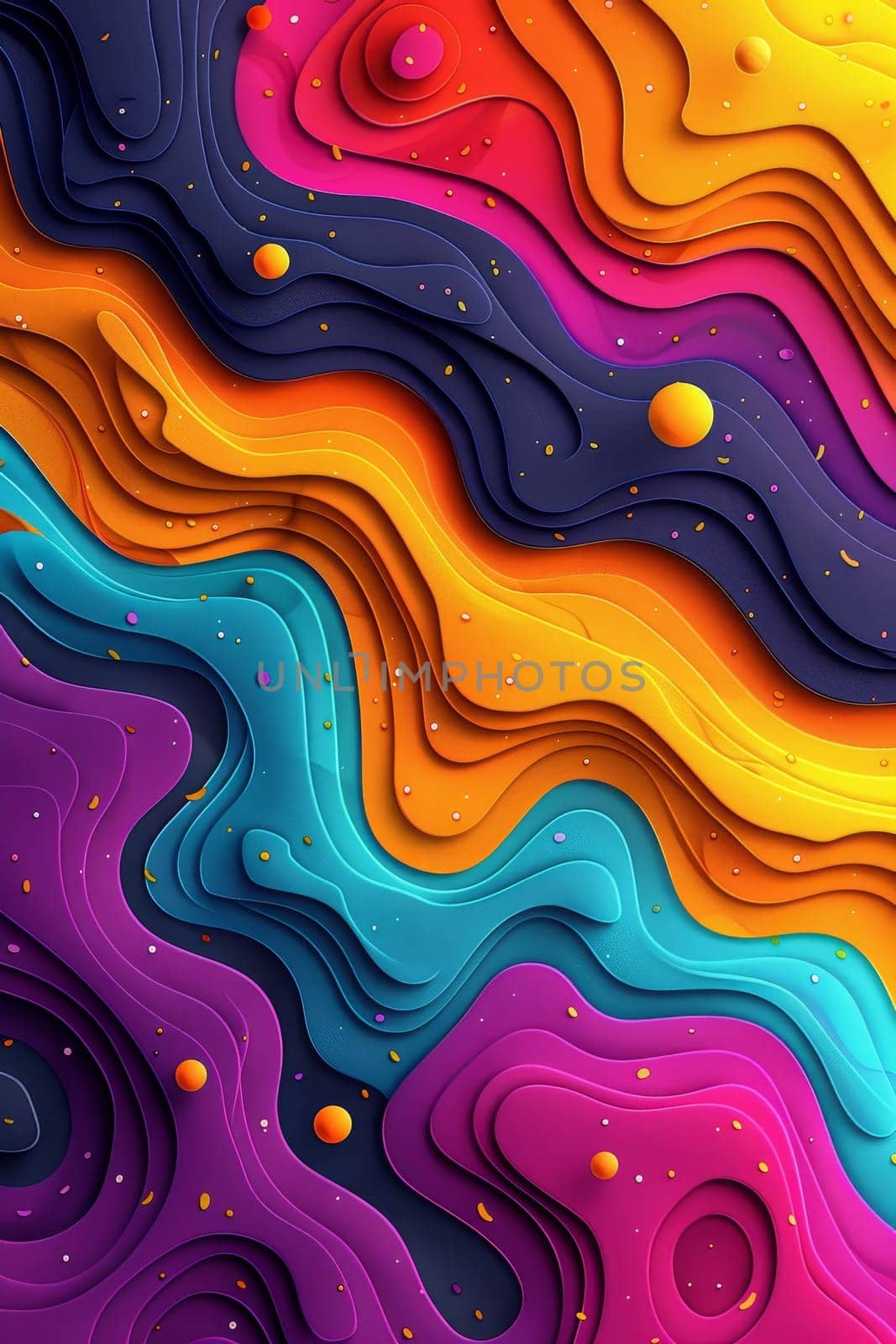 This artwork displays a captivating arrangement of flowing, colorful layers in shades of blue, orange, pink, and purple. The smooth forms create a dynamic sense of movement and depth.