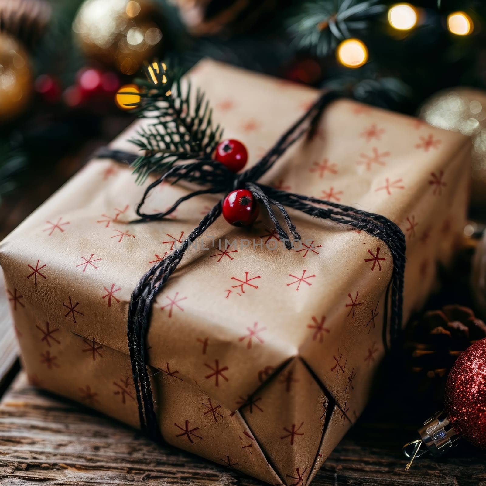 A beautifully wrapped Christmas gift sits on a rustic wooden table. The brown paper features red snowflake patterns, adorned with twine, berries, and holiday decorations, evoking festive cheer.