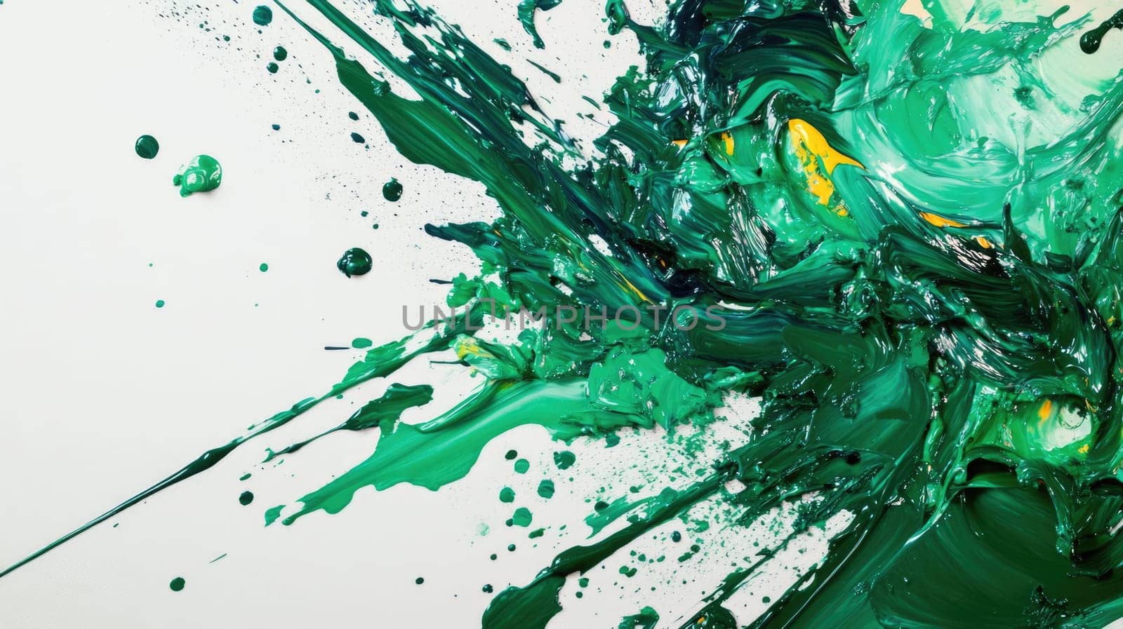 Green paint explosion splash abstract background. Watercolour cloud blast on white.