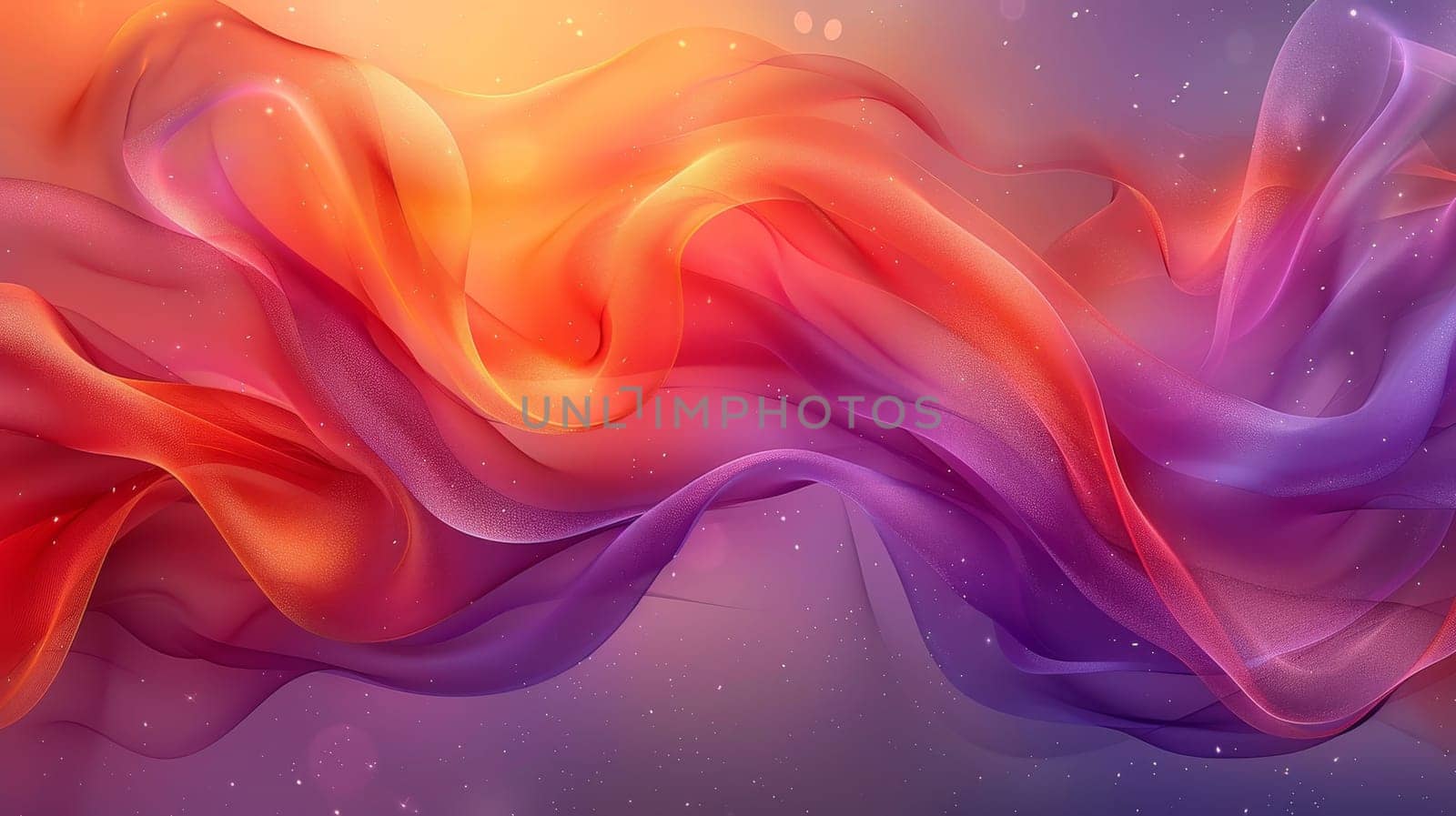 Vibrant waves of fabric in shades of orange, pink, and purple dance softly against a dreamy backdrop. The flowing materials create a sense of movement and elegance, illuminated by gentle light.