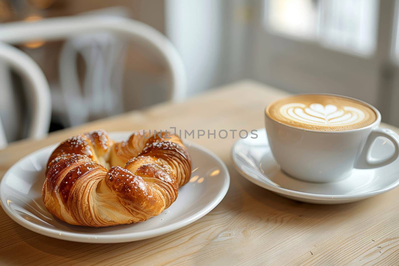 A freshly baked croissant with powdered sugar sits on a white plate next to a latte with intricate latte art in a cozy cafe setting. Soft lighting enhances the inviting atmosphere.