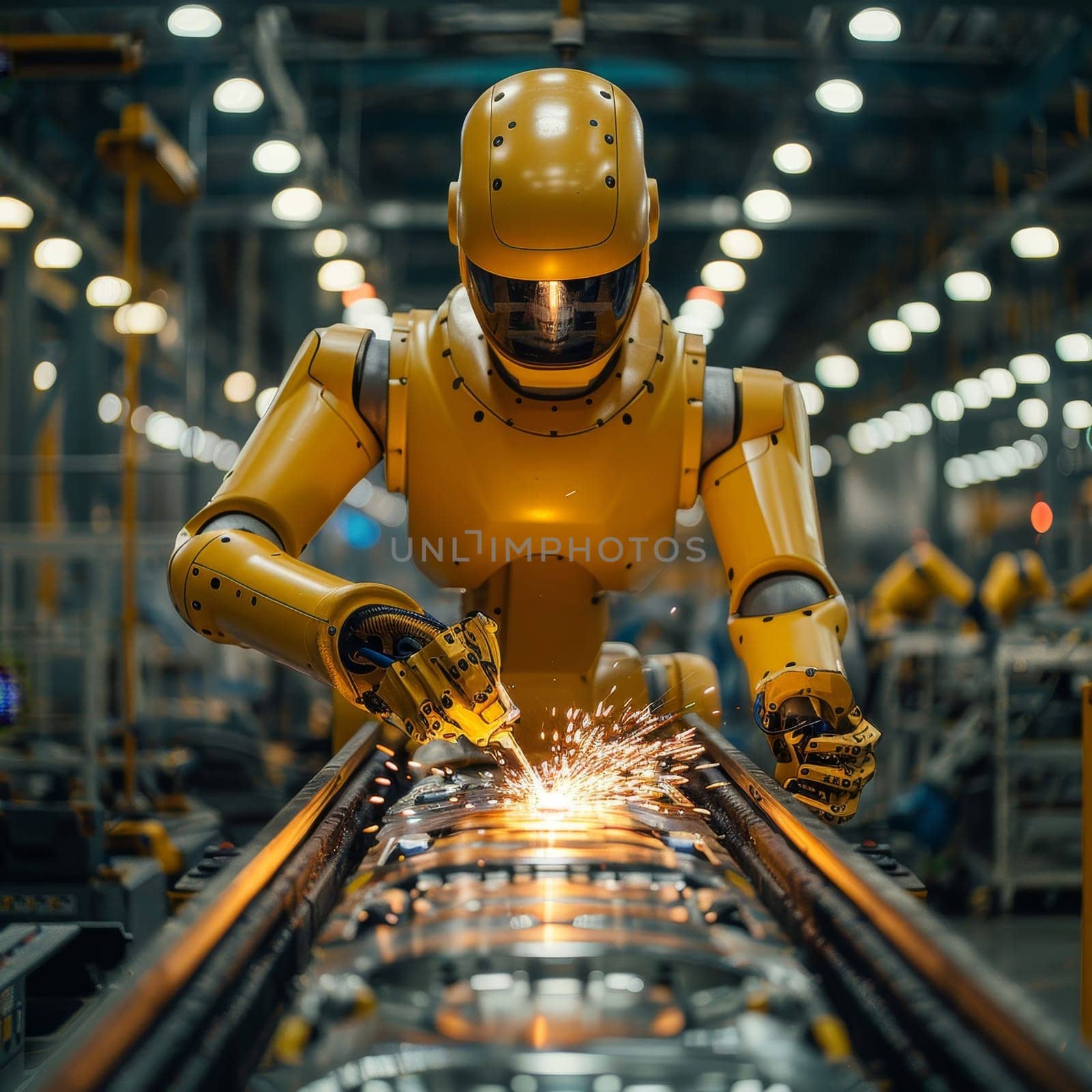 In a high-tech factory, a yellow robot is actively welding metal components on a production line, creating sparks.