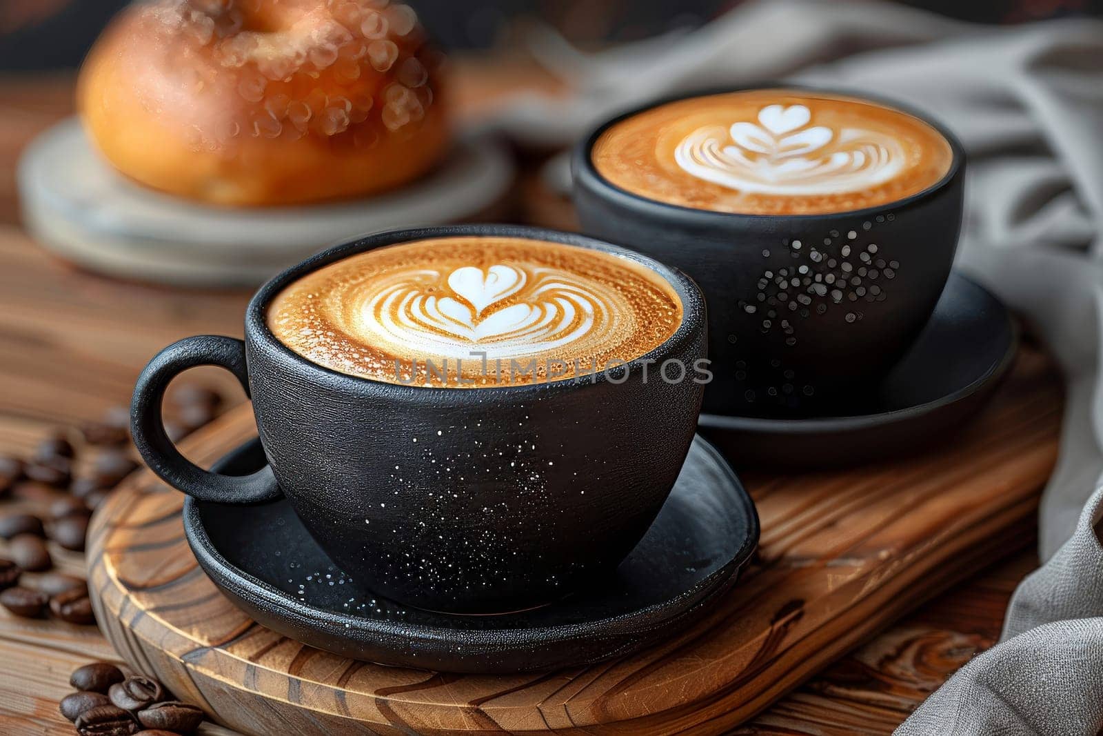 Two cups of carefully crafted coffee featuring heart latte art are placed on a wooden serving tray. A freshly baked donut sits in the background, creating a cozy cafe atmosphere.
