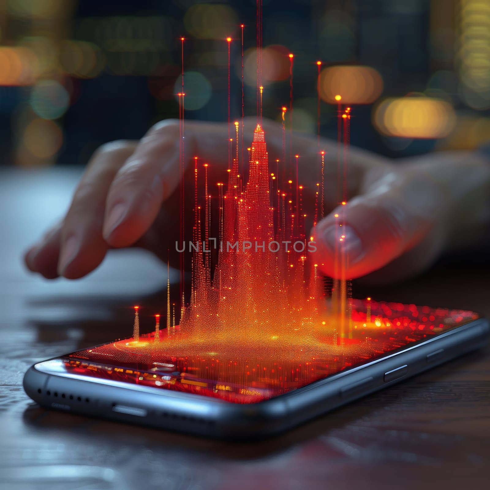 A hand interacts with a smartphone displaying a vibrant, glowing cityscape. The colorful outlines create a captivating 3D effect, blending technology with artistic innovation in a modern environment.