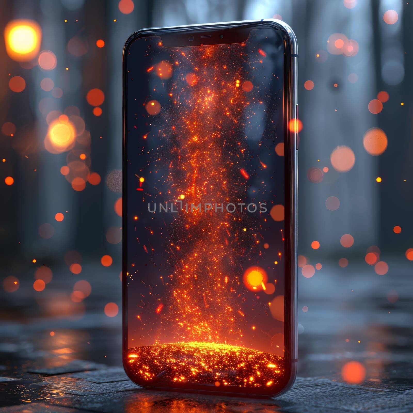 A smartphone displays swirling orange particles, producing a mesmerizing effect. The dark environment enhances the vibrant glow, creating a mystic atmosphere.