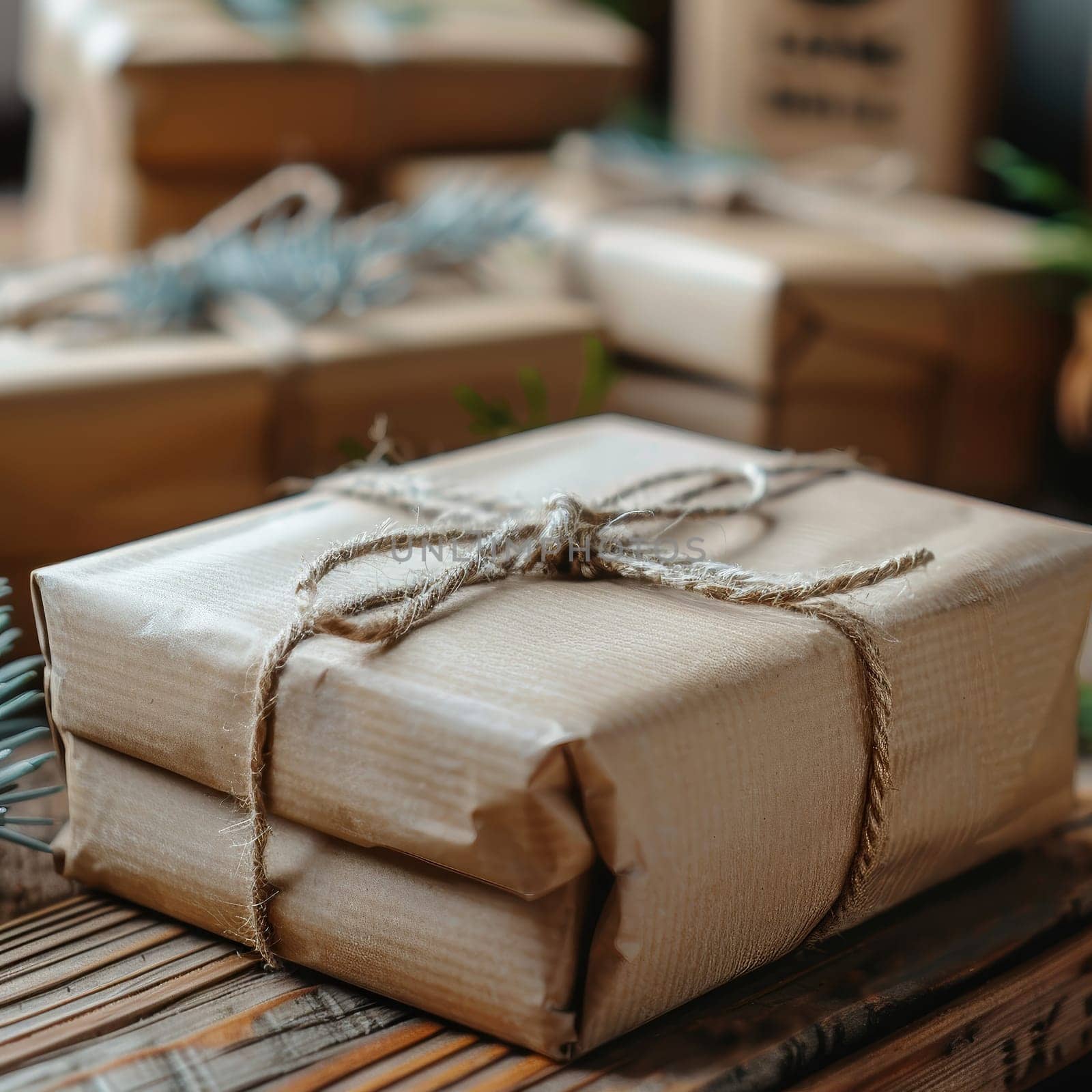 Neatly wrapped gifts in brown paper are arranged on a rustic wooden surface. Twine ties each package, accompanied by accents of greenery, creating a festive atmosphere.