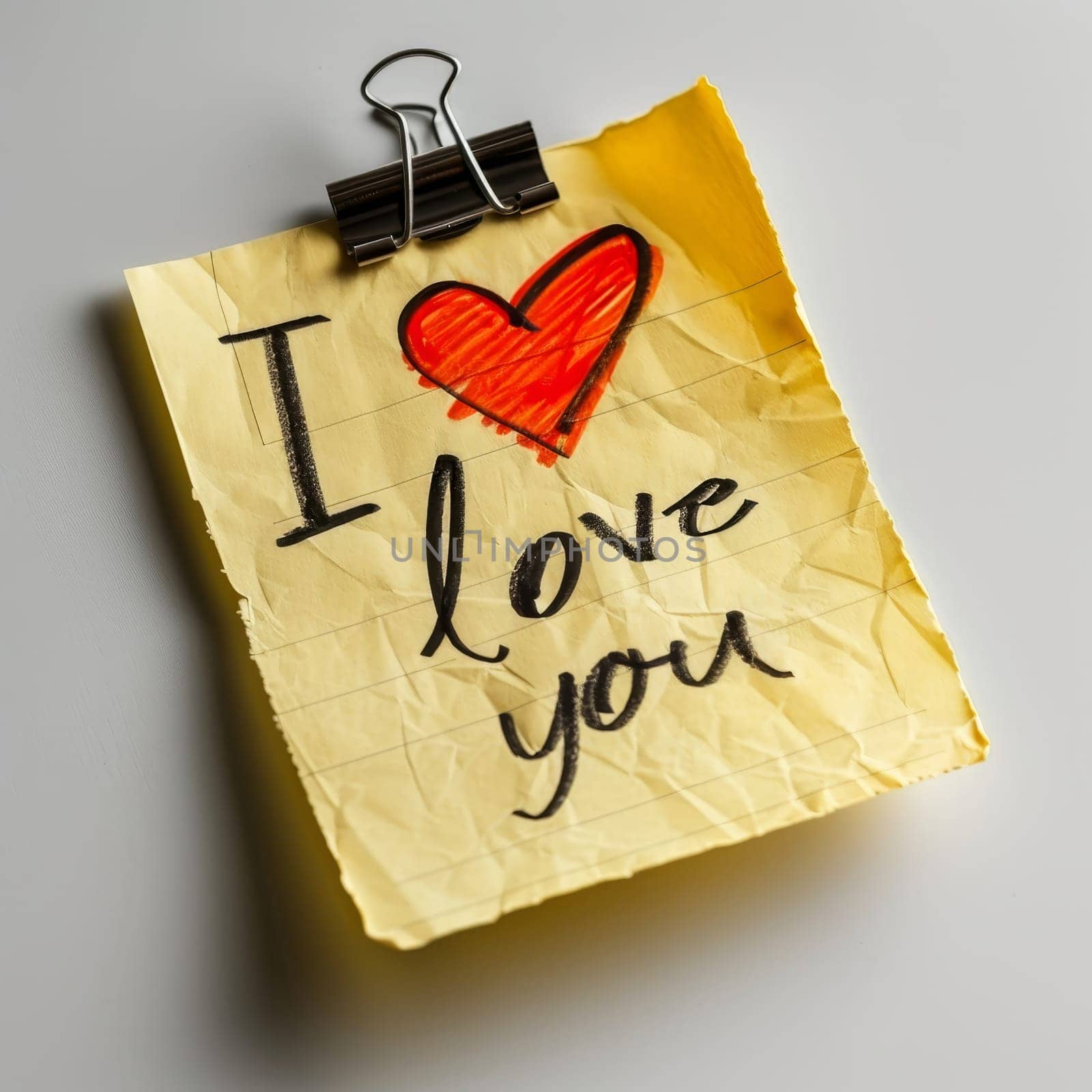 A piece of yellow paper is crumpled slightly and clipped at the top, featuring a hand-drawn red heart above the words 'I love you,' showcasing a simple yet meaningful expression of affection.