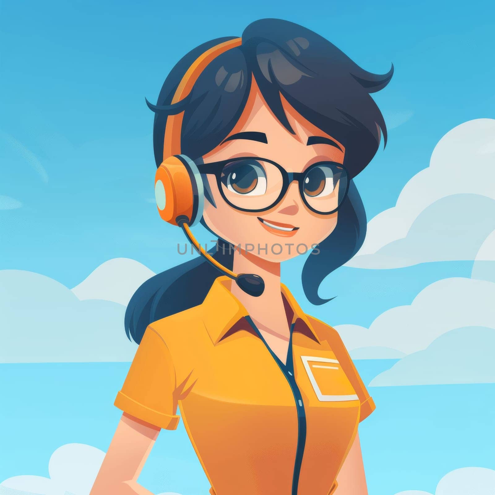 A cheerful young woman with glasses and a headset smiles warmly against a bright blue sky filled with fluffy clouds. She wears a vibrant orange shirt, embodying a friendly customer service persona.