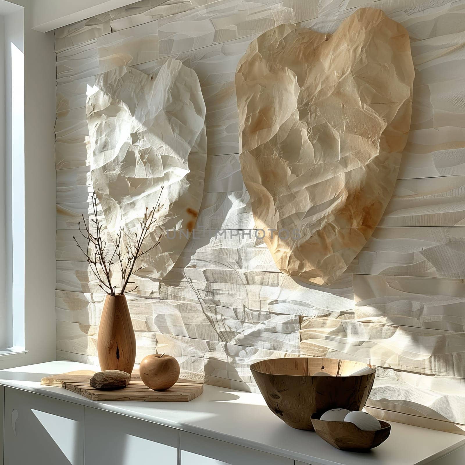 Two large, heart-shaped pieces of textured artwork adorn a light-colored wall. A stylish wooden vase with branches and bowls create a serene atmosphere in a bright, contemporary space.