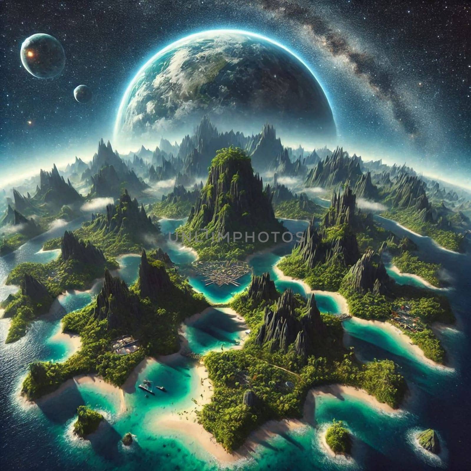 An aerial view of a lush, exotic island chain in space, with a large planet and other celestial bodies visible in the background. A high-quality AI-generated photo.
