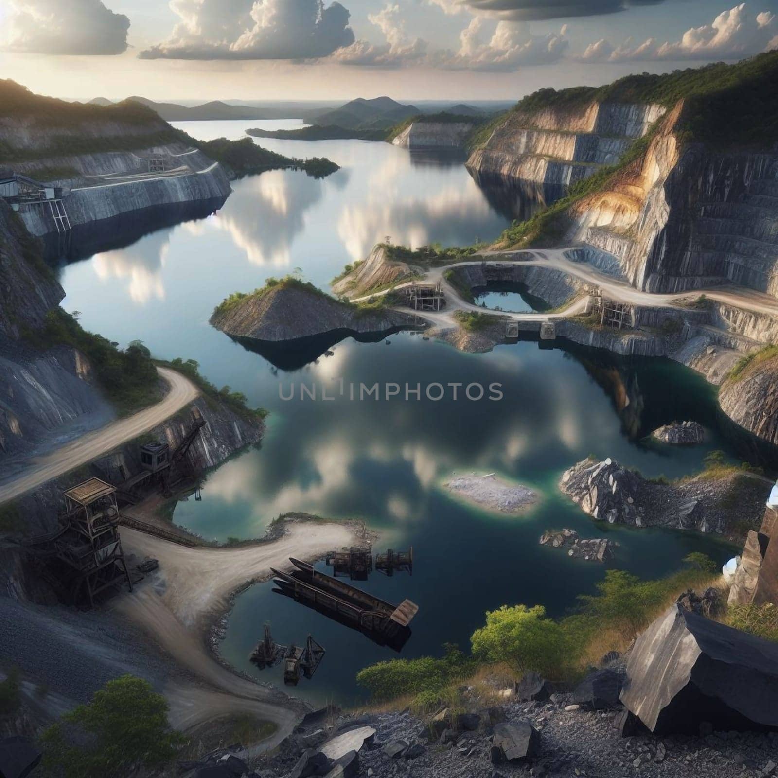 Aerial view of a flooded quarry with clear, reflective water, showcasing dramatic rock formations and mining equipment. A high-quality AI-generated photo.