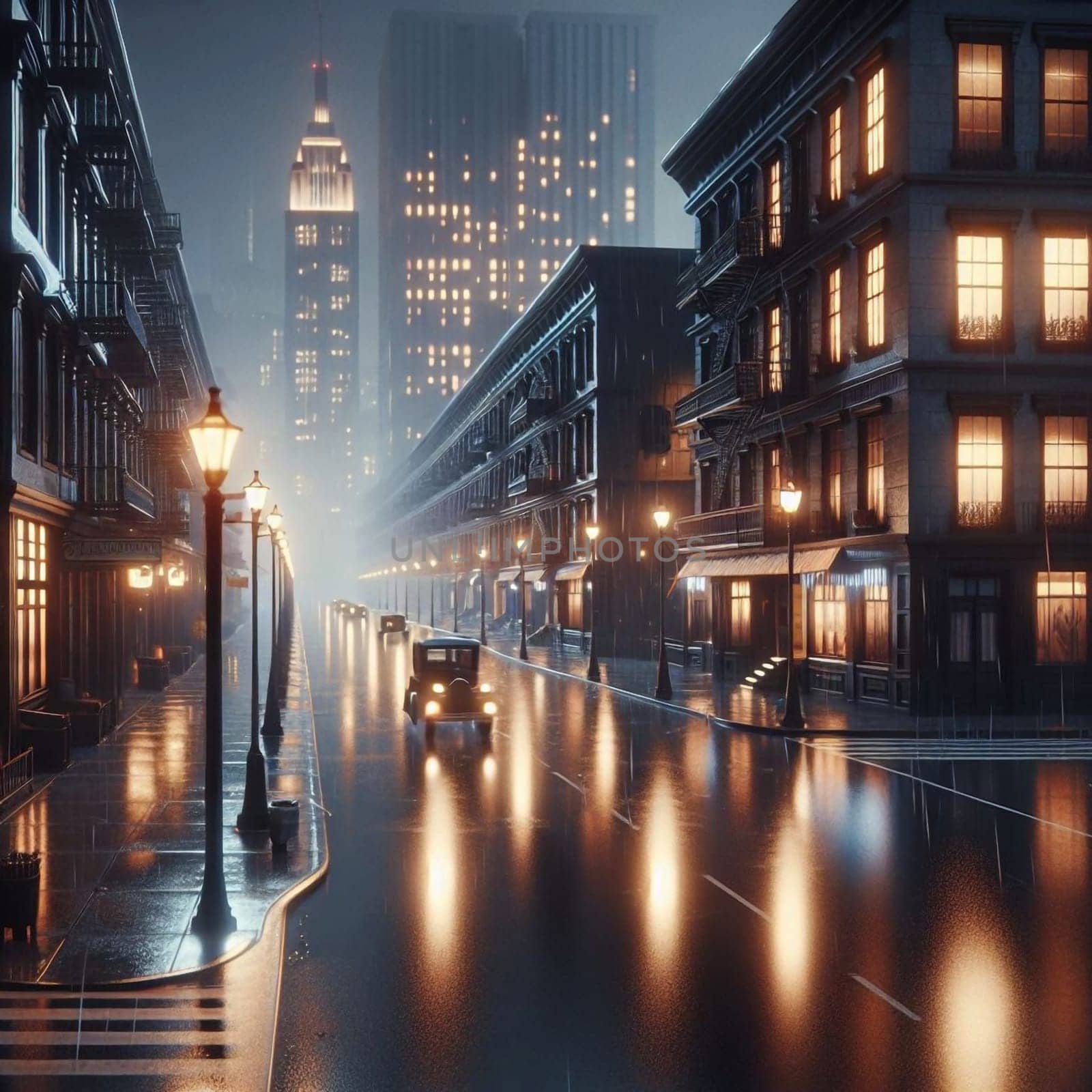 A rainy night scene in a vintage-style city street, with classic cars driving on a wet road illuminated by gas lamps. A high-quality AI-generated photo.