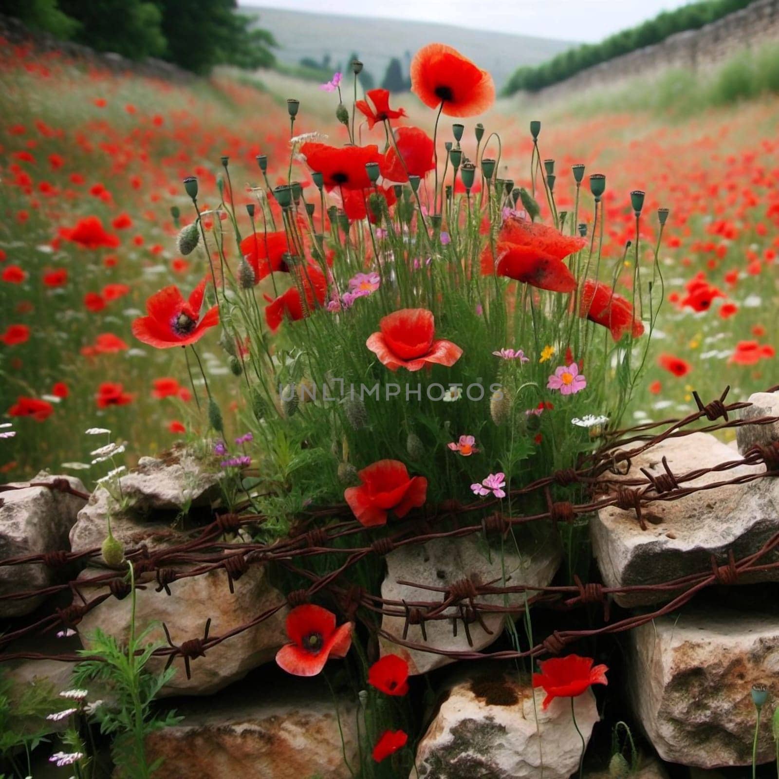 Poppies growing through rusty barbed wire on a stone wall, creating a poignant and symbolic image. A high-quality AI-generated photo.