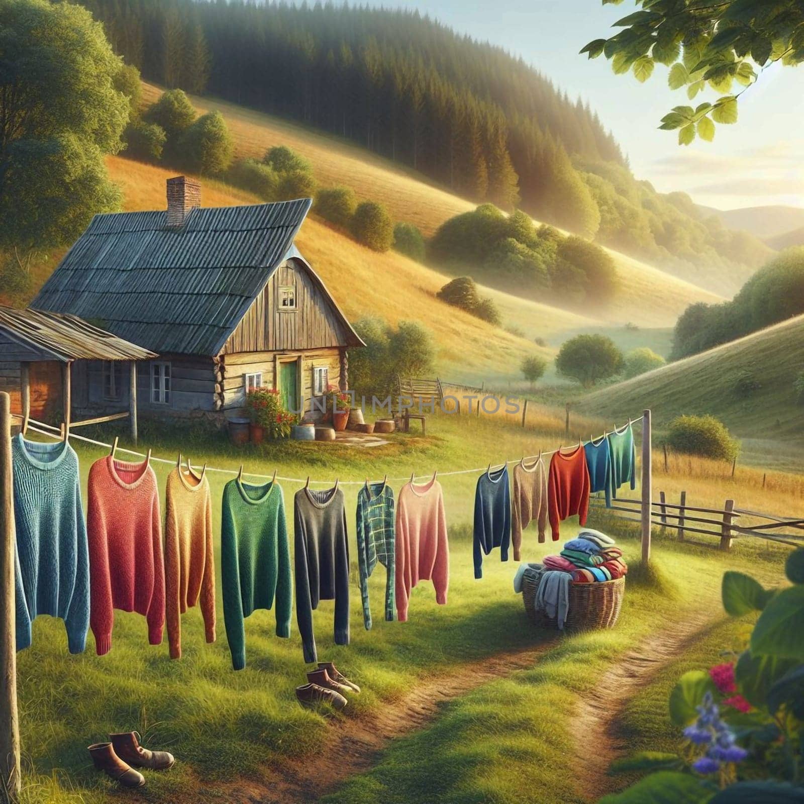 A charming wooden house on a hillside, with colorful sweaters drying on a clothesline in front. A high-quality AI-generated photo.