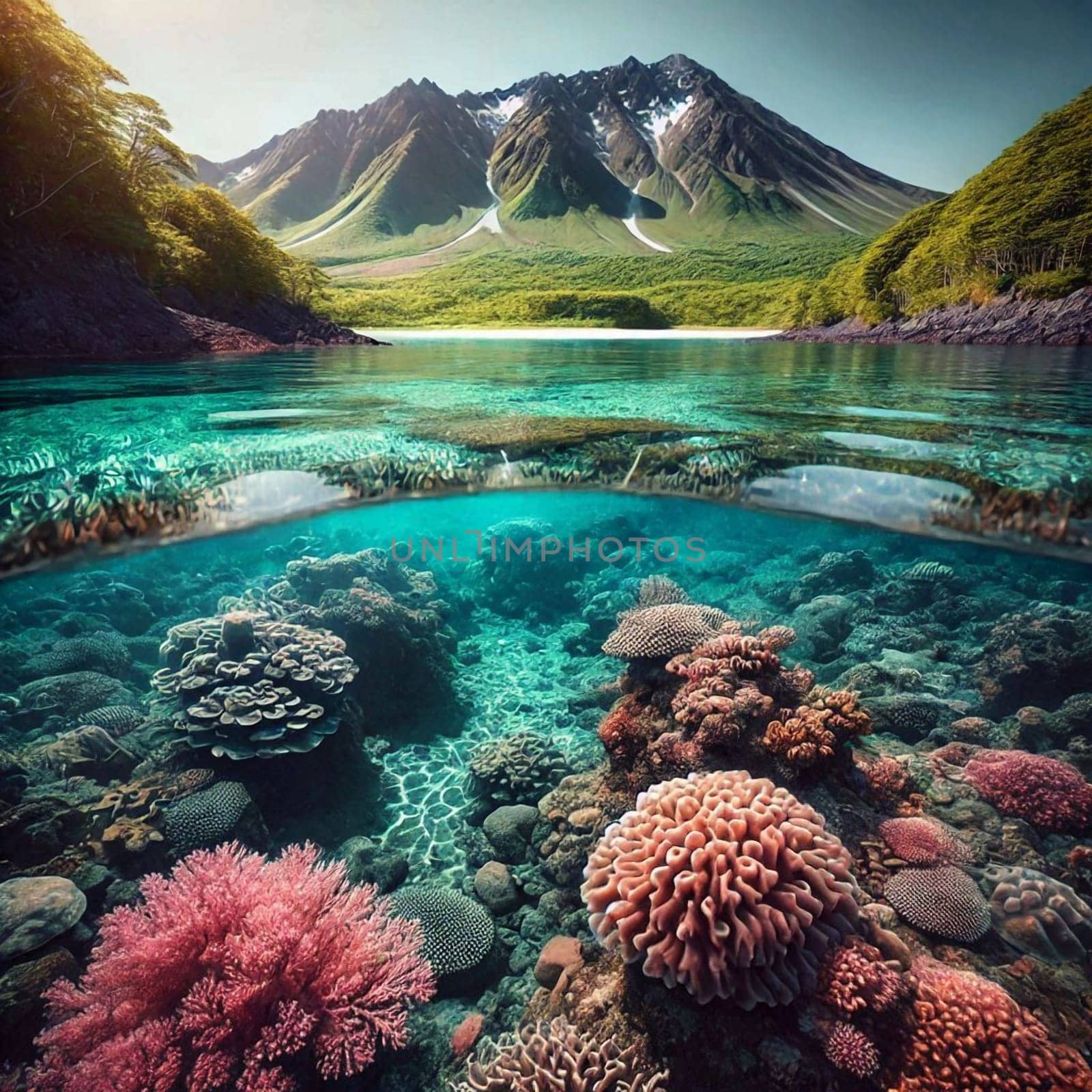 Split image showcasing a vibrant coral reef underwater and a lush green shoreline with a volcanic mountain backdrop. A high-quality AI-generated photo.