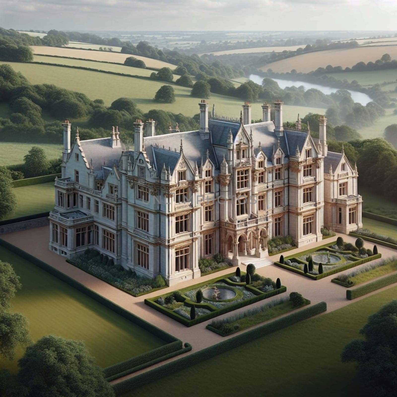 Aerial view of a grand mansion with manicured gardens and a fountain, set in a lush green landscape. A high-quality AI-generated photo.