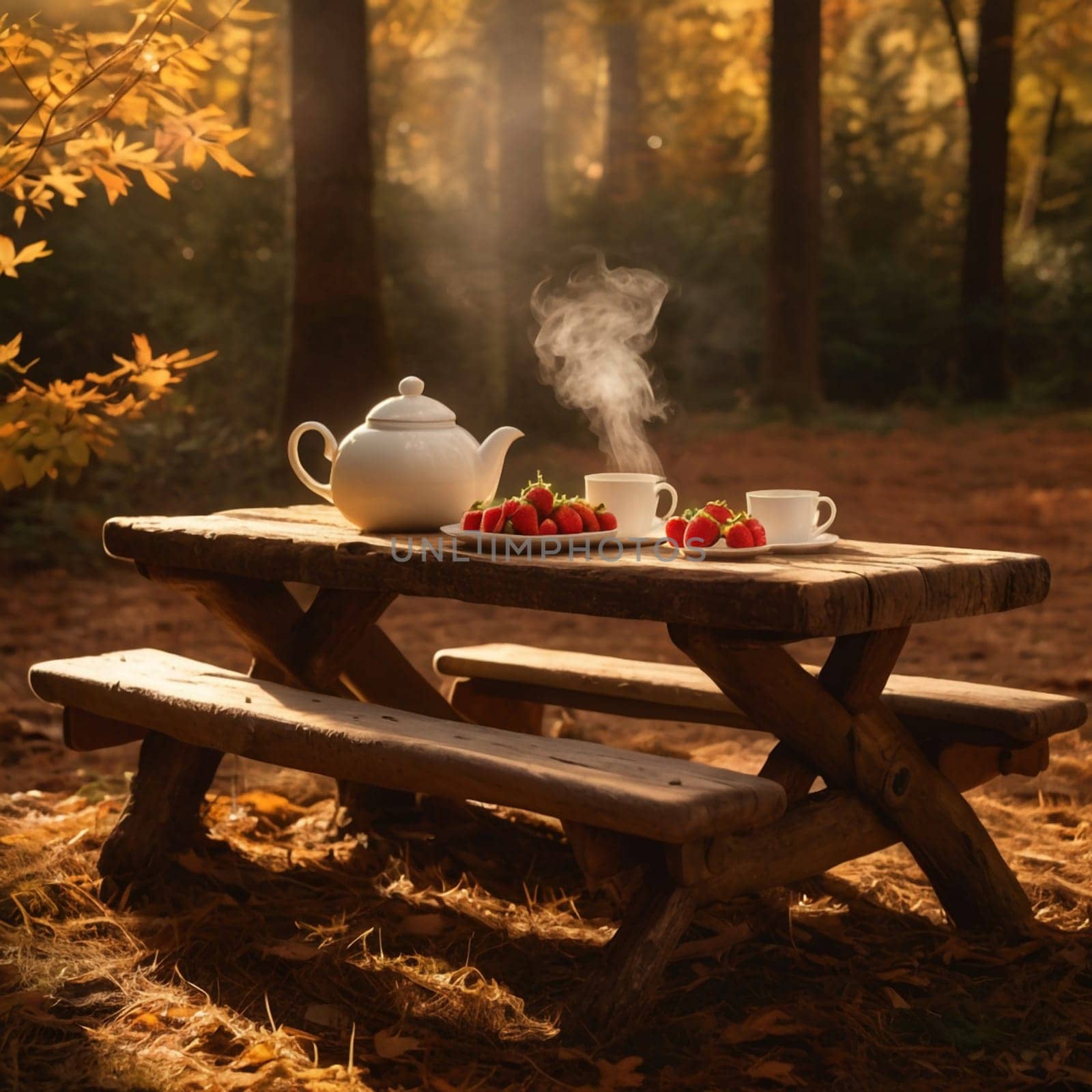 Two cups of tea and a plate of strawberries are set on a rustic wooden picnic table in an autumnal forest. A high-quality AI-generated photo.