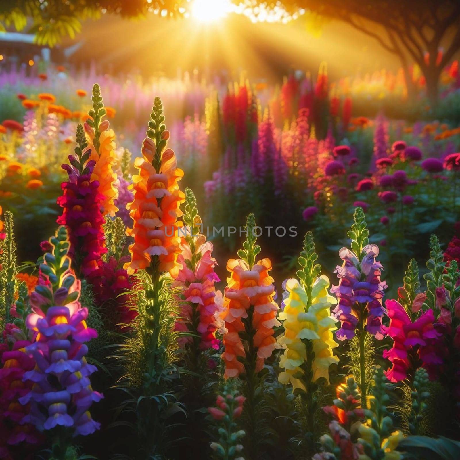 A field of vibrant snapdragons in various colors, bathed in warm sunlight. A high-quality AI-generated photo.