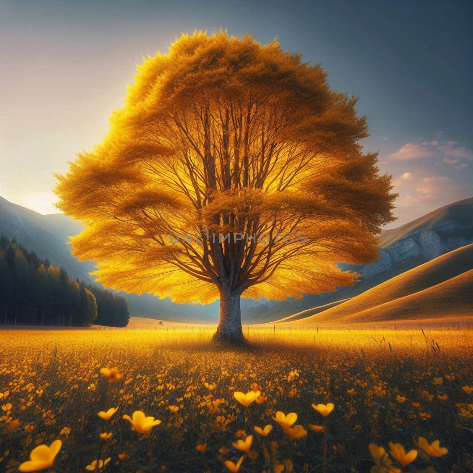 A large, vibrant yellow tree standing in a field of yellow wildflowers, with mountains and forest in the background. A high-quality AI-generated photo.