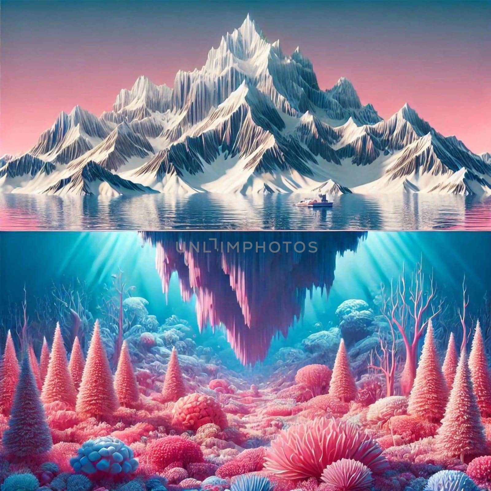 A surreal, split image showing a snow-capped mountain above the surface of the water and a coral reef below. A high-quality AI-generated photo.