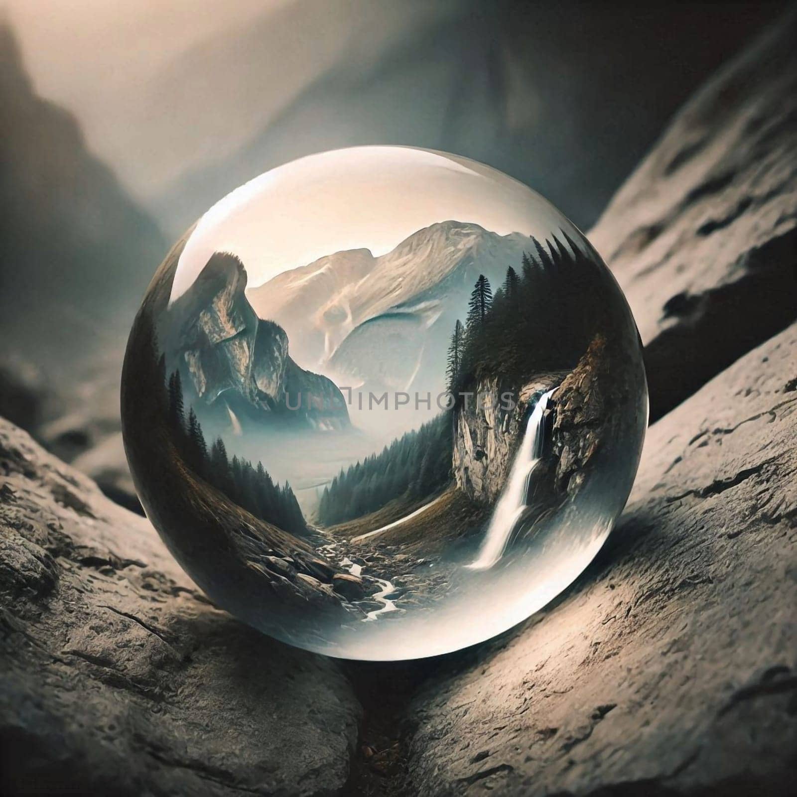 A glass sphere reflecting a mountain landscape with a waterfall, creating a surreal and miniature effect. A high-quality AI-generated photo.