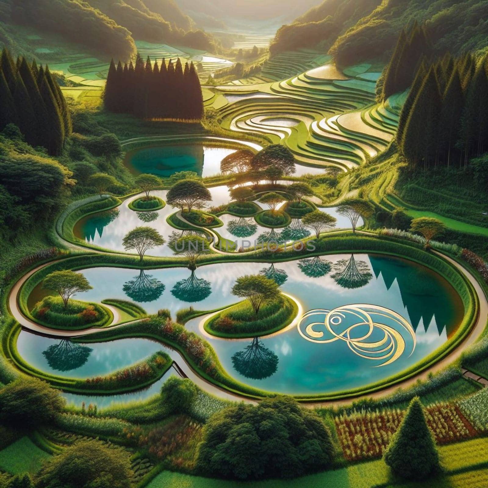 Aerial view of a unique landscape with winding waterways and lush greenery, featuring perfectly symmetrical ponds and trees. A high-quality AI-generated photo.