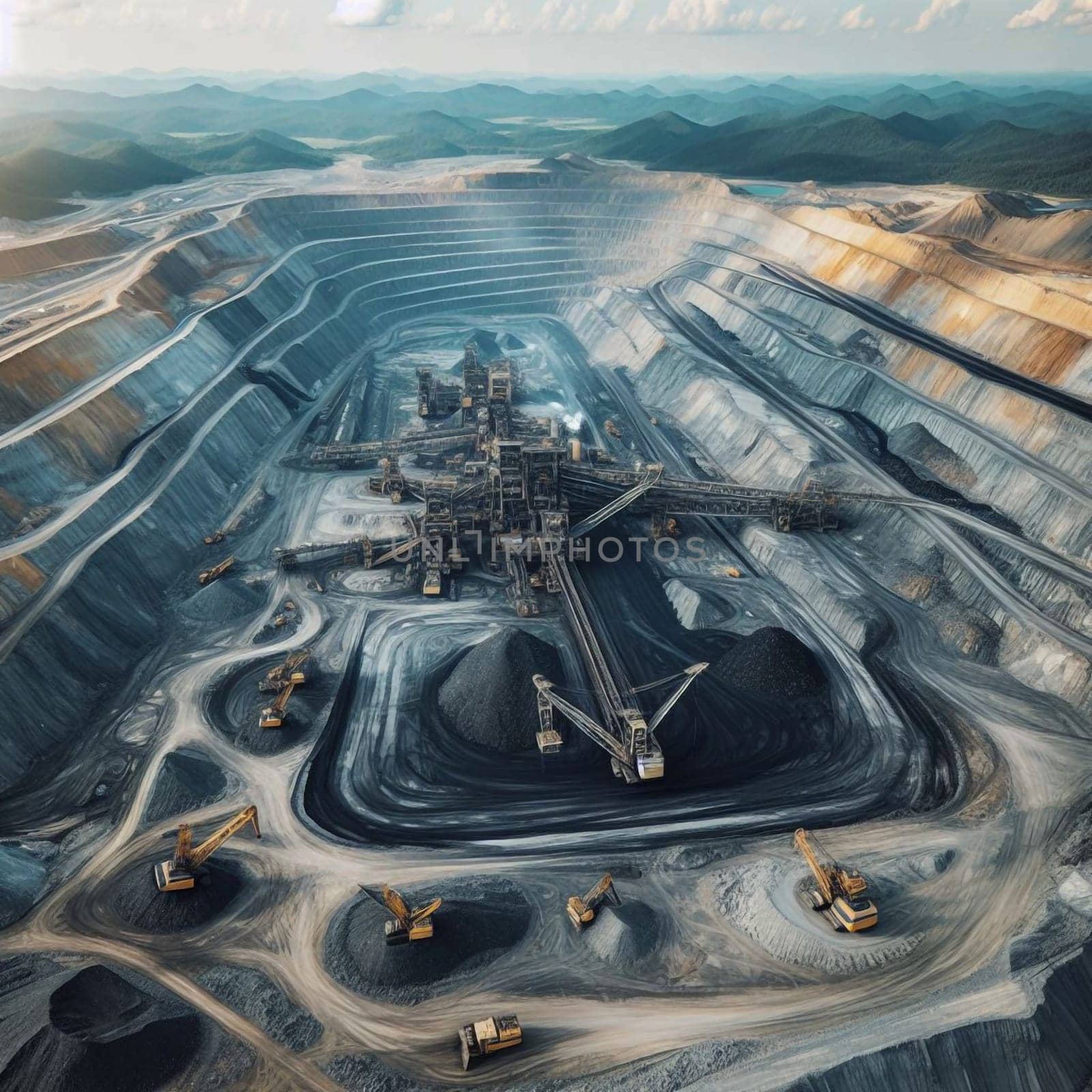 Aerial view of a large open-pit coal mine with heavy machinery and vast expanses of extracted coal. A high-quality AI-generated photo.