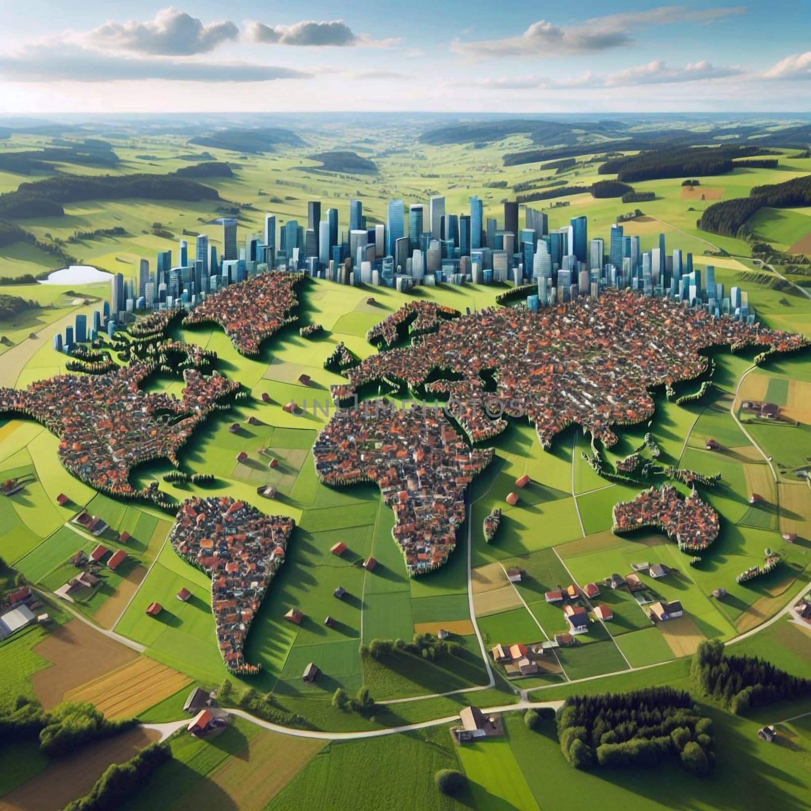 A world map composed of buildings and houses set in a green landscape, representing global urbanization and nature. A high-quality AI-generated photo.