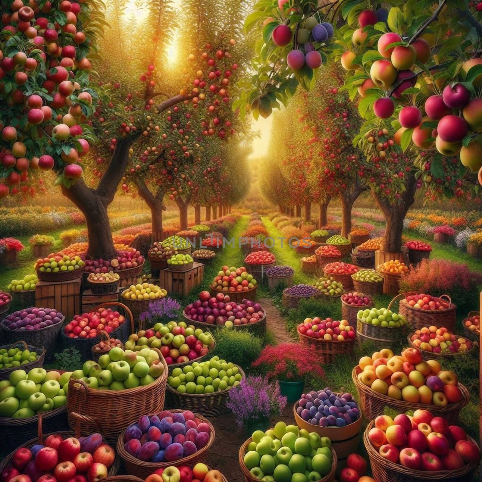 A lush orchard with rows of apple and plum trees laden with fruit, creating a vibrant and abundant harvest scene. A high-quality AI-generated photo.