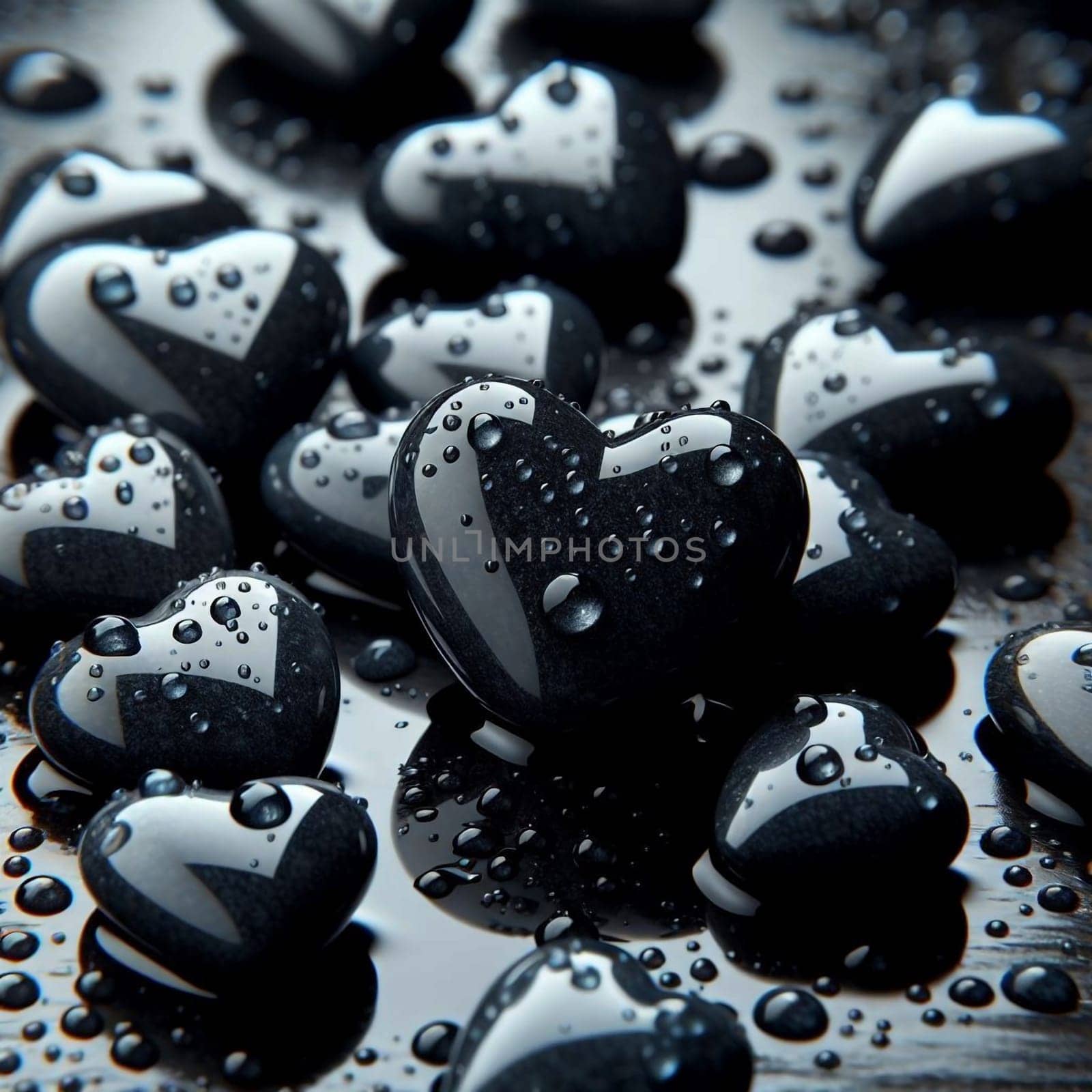 Close-up of wet black heart-shaped stones, creating a dramatic and romantic composition. A high-quality AI-generated photo.
