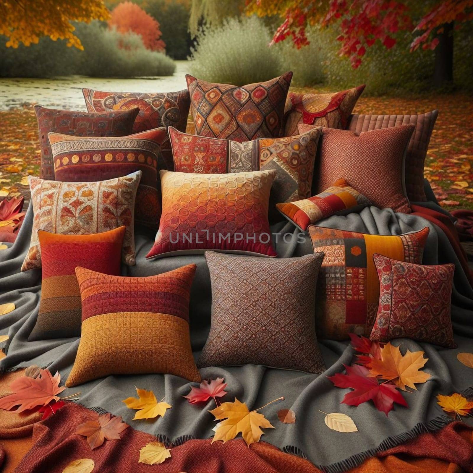 Various richly colored throw pillows arranged on a gray blanket in an autumn setting, near a pond. A high-quality AI-generated photo.