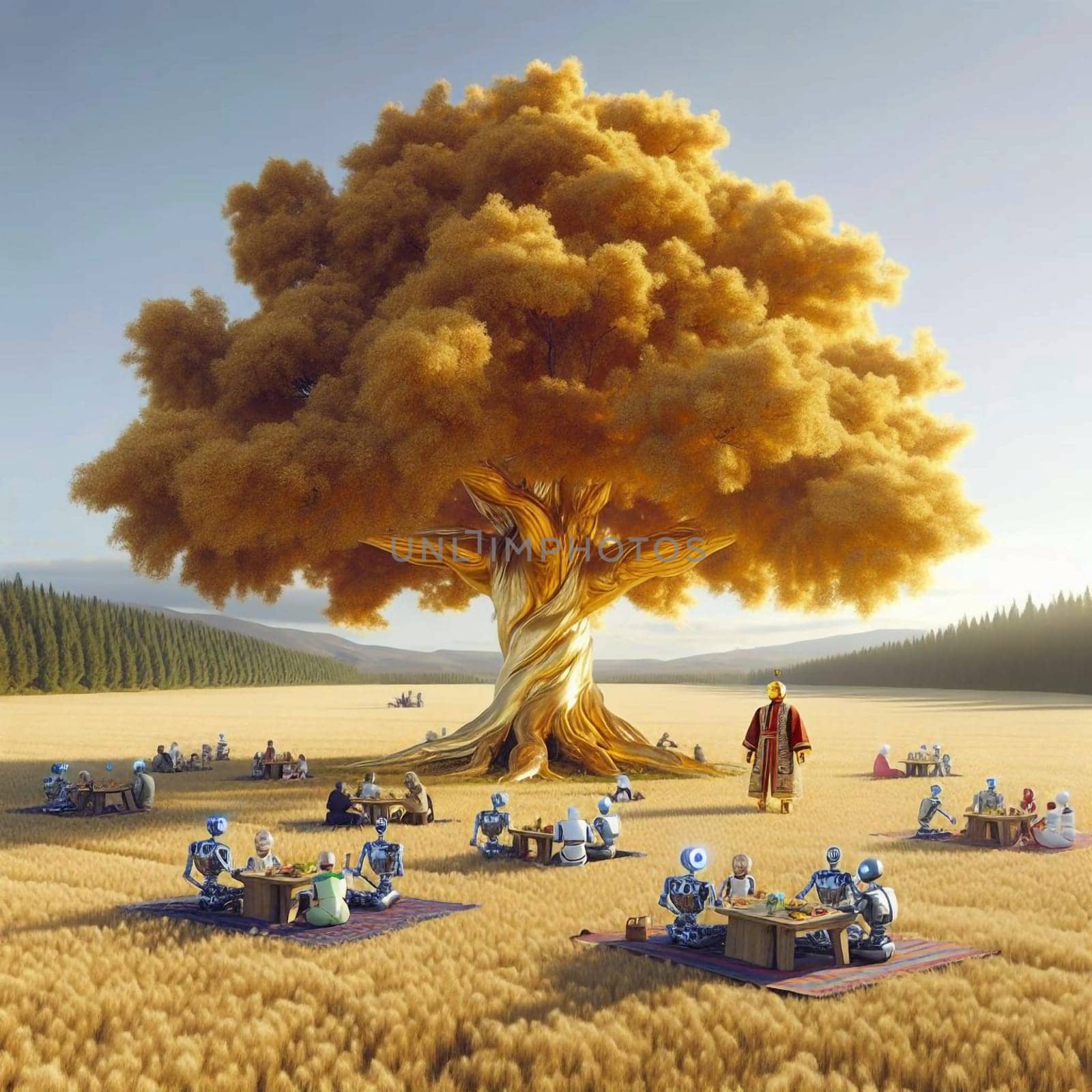 A golden tree stands in a field, with robots and humans having a picnic beneath it, possibly representing technology and nature. A high-quality AI-generated photo.