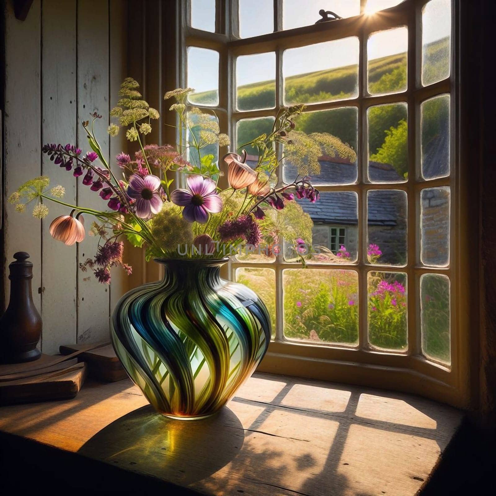 A rustic still life featuring a bouquet of wildflowers in a colorful glass vase, set on a wooden windowsill with a view of a picturesque countryside. A high-quality AI-generated photo.