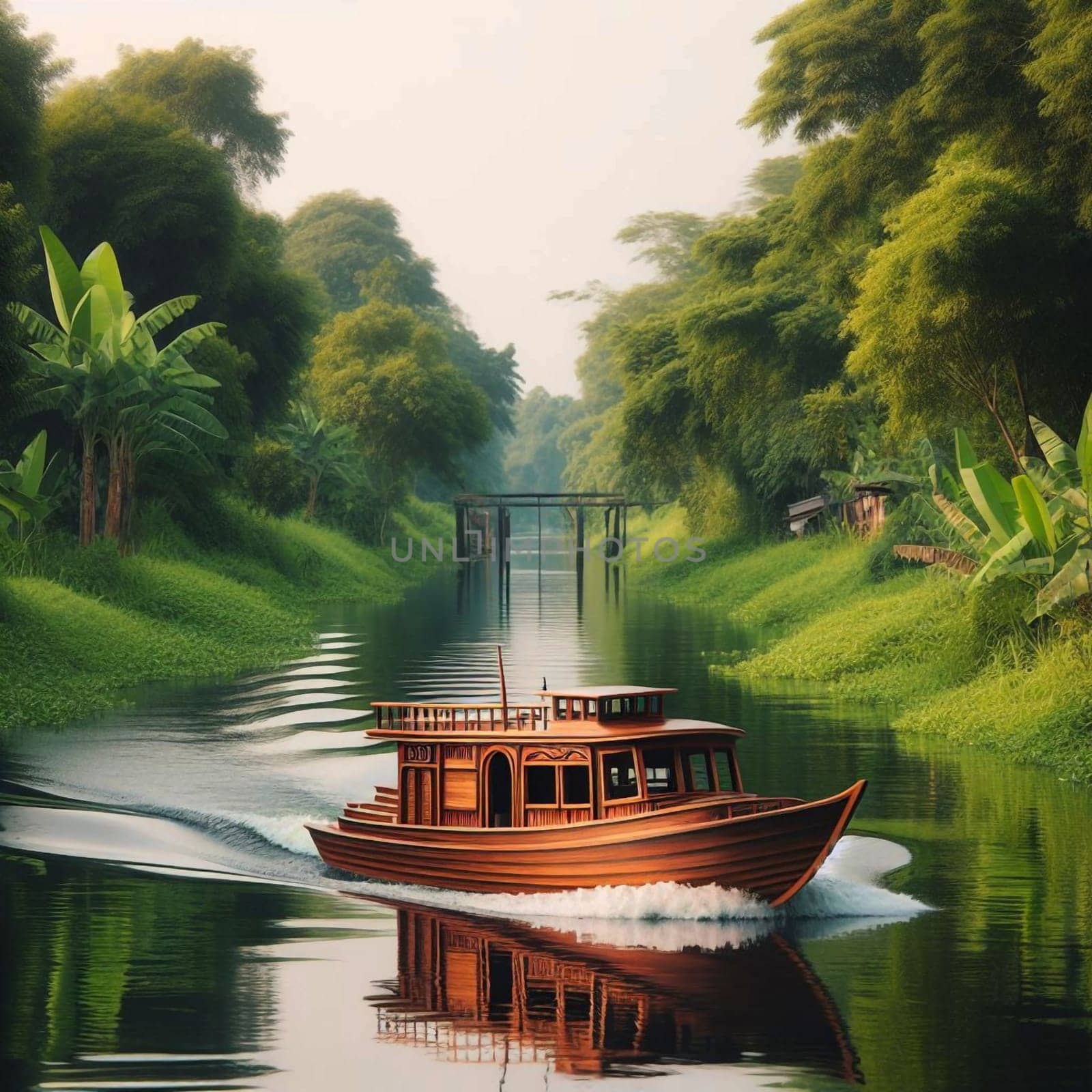 A wooden boat glides on a calm river, surrounded by lush tropical vegetation. A high-quality AI-generated photo.