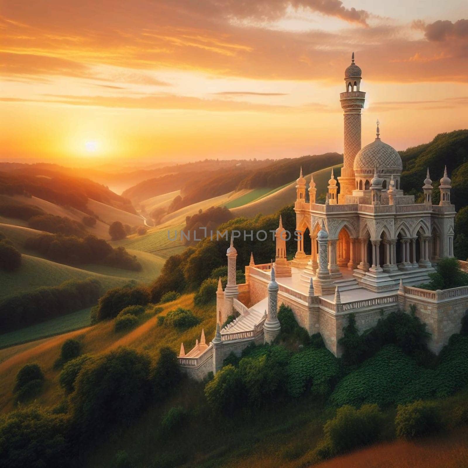 A grand, ornate mosque-like structure sits atop a hill at sunset, overlooking a lush green valley. A high-quality AI-generated photo.