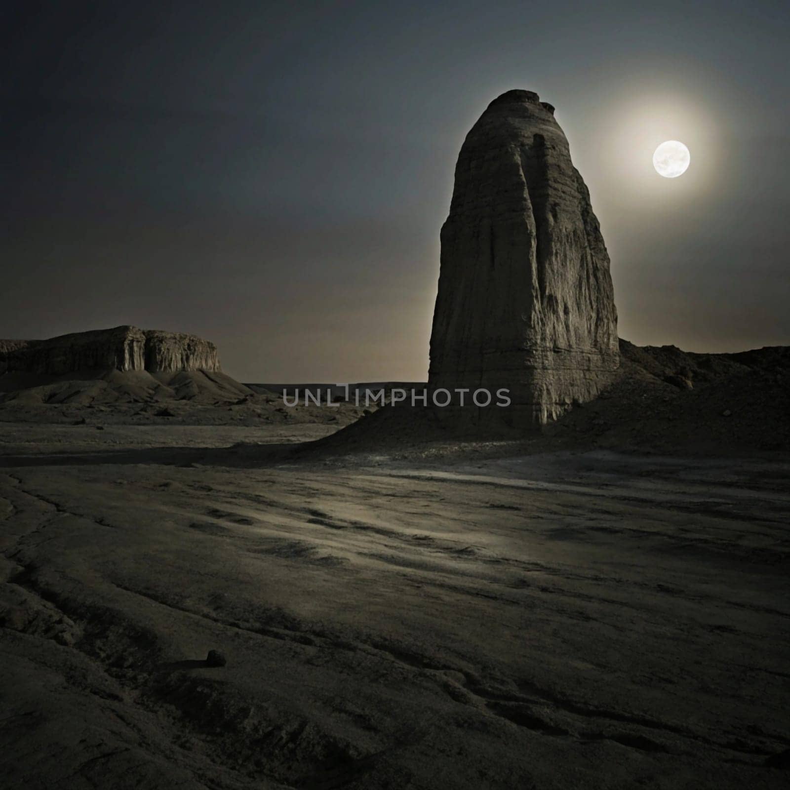 A dramatic landscape featuring a tall rock formation under a full moon in a desolate desert at night. A high-quality AI-generated photo.