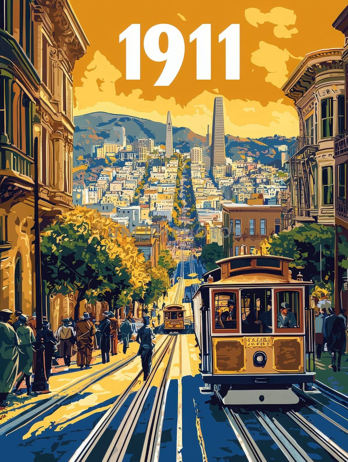 Vintage streetcars navigate the iconic hilly streets of San Francisco, surrounded by historic buildings and vibrant trees. A warm sunset casts a glow over the bustling city in 1911.