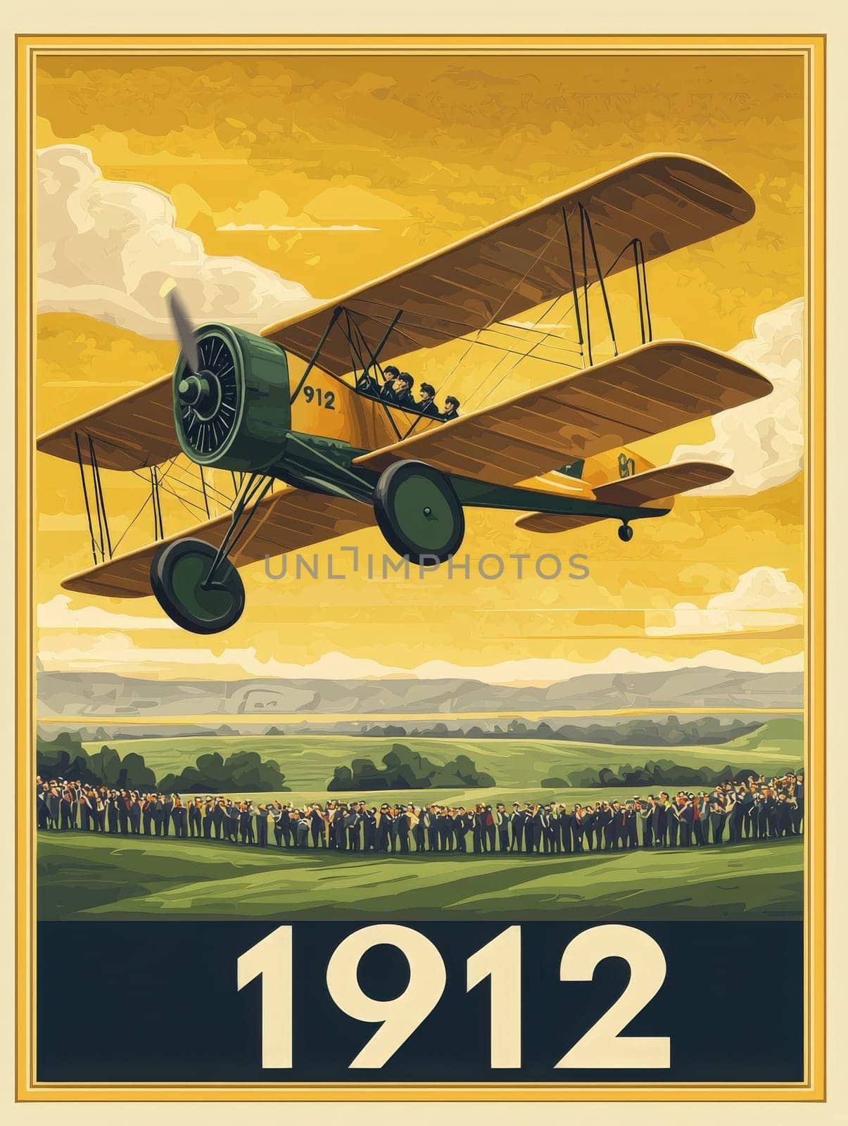 A biplane soars through the sky above a large crowd gathered in a green field. The year displayed is 1912, highlighting an important moment in aviation history filled with excitement and curiosity.