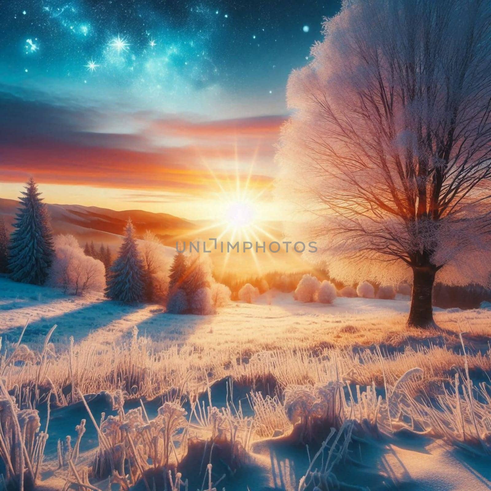 A frosty winter scene with a snow-covered tree in the foreground and a sunlit mountain range in the background. A high-quality AI-generated photo.