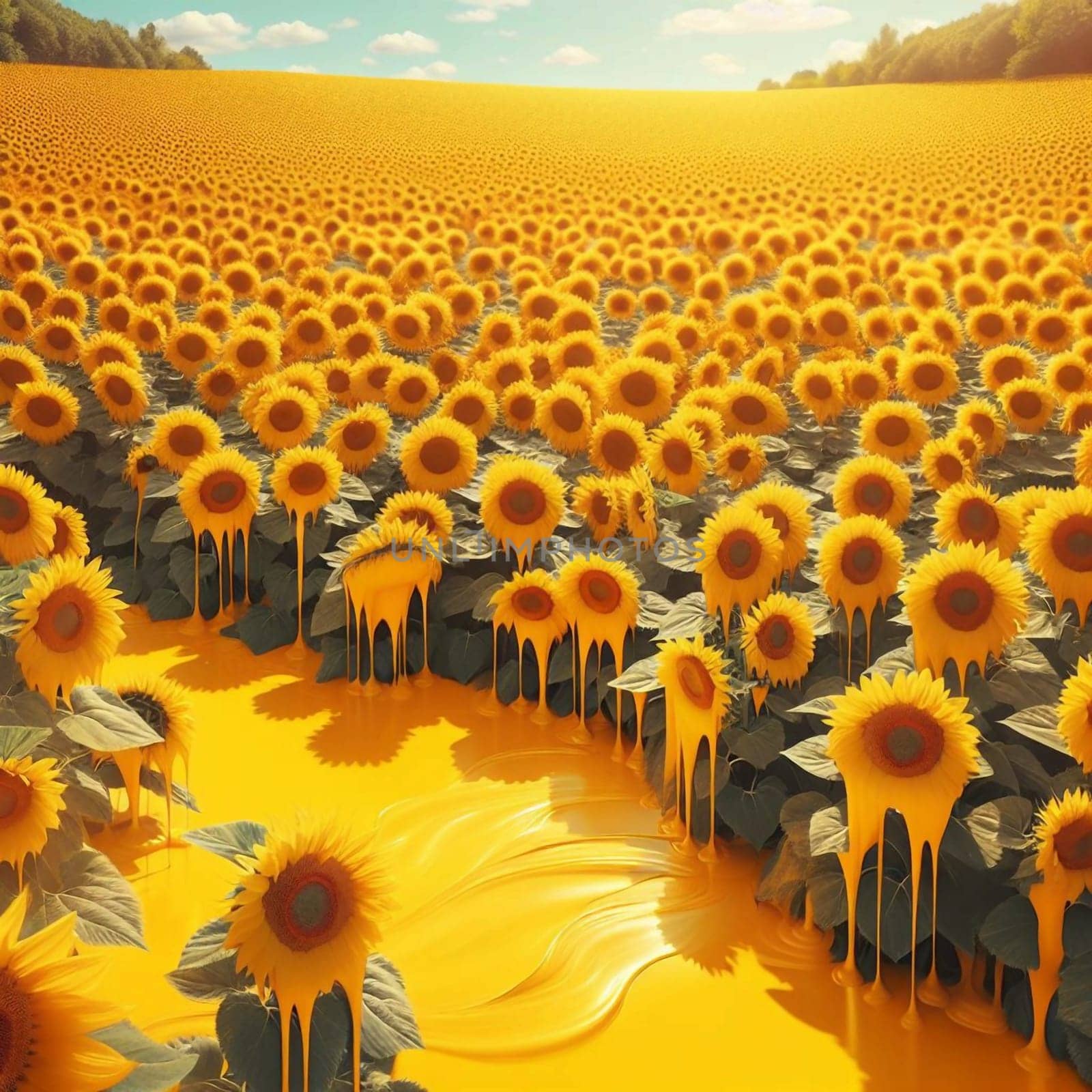 Surreal image of a sunflower field submerged in yellow paint, with paint dripping from the sunflowers. A high-quality AI-generated photo.
