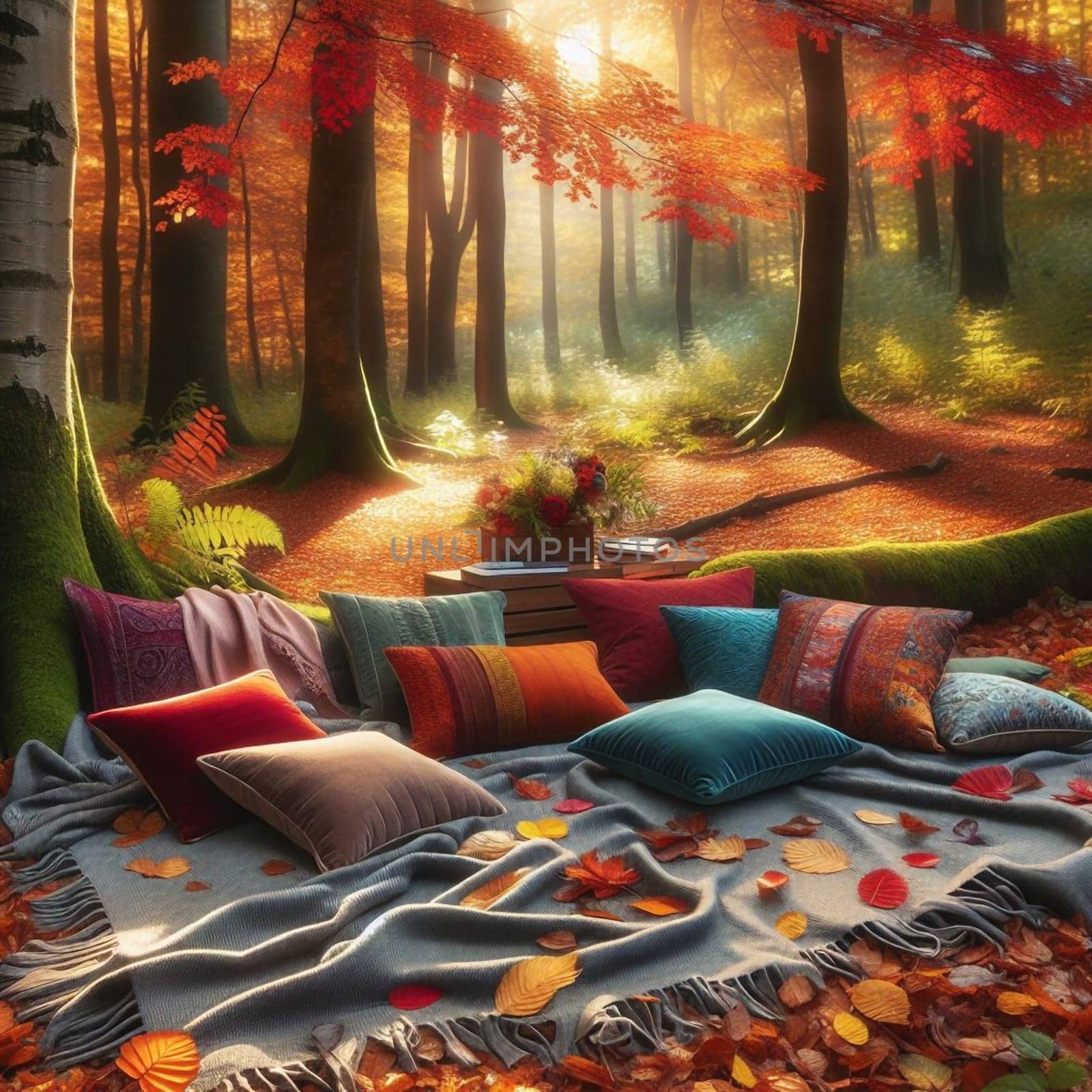 A cozy autumn scene with colorful pillows and blankets arranged on the forest floor amidst fallen leaves. A high-quality AI-generated photo.