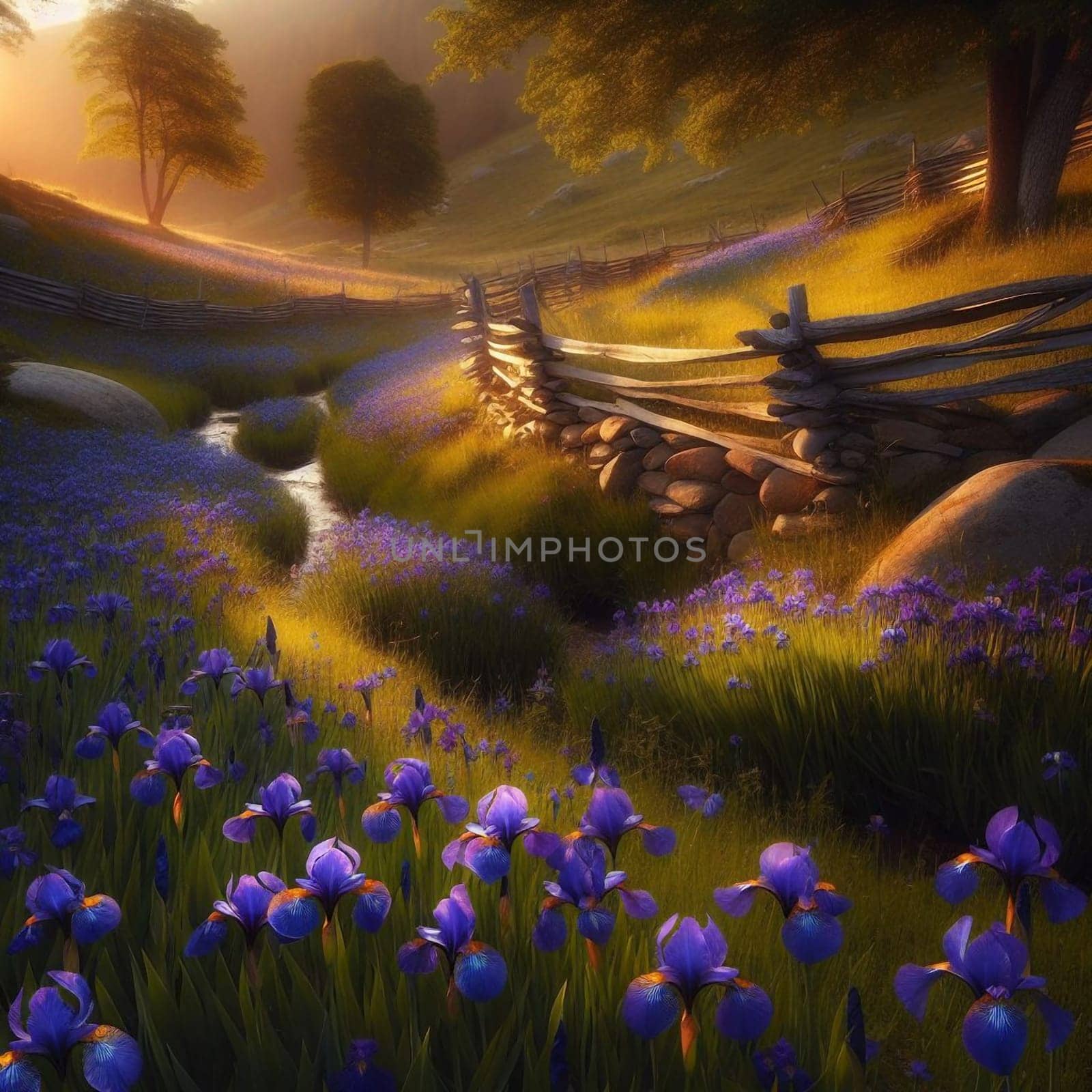 A tranquil meadow with purple irises and a wooden fence bordering a small stream, bathed in sunlight. A high-quality AI-generated photo.